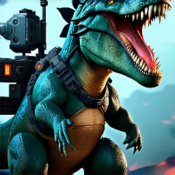 Create a scene of a dinosaur adventurer equipped with high-tech gear and weapons, exploring an exotic sci-fi world. The setting should be rich with otherworldly elements, showcasing advanced technology.