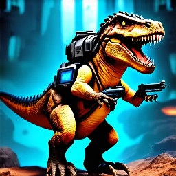 Create a scene of a dinosaur adventurer equipped with high-tech gear and weapons, exploring an exotic sci-fi world. The setting should be rich with otherworldly elements, showcasing advanced technology.