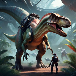 Create a scene of a dinosaur adventurer equipped with high-tech gear and weapons, exploring an exotic sci-fi world. The setting should be rich with otherworldly elements, showcasing advanced technology.