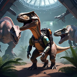 Create a scene of a dinosaur adventurer equipped with high-tech gear and weapons, exploring an exotic sci-fi world. The setting should be rich with otherworldly elements, showcasing advanced technology.