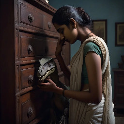 {a dimly lit|a shadow-drenched|a candle-flickering} {bedroom|guest room|private study} where Dheeraj, a {weathered yet alluring|delicate but strong|soft-featured with restless eyes} {45-year-old maid|housemaid in her prime|careworn domestic worker} stands hesitantly near {a mahogany dresser|an antique vanity|a rumpled bed}, her {sari slightly loosened|faded cotton nightgown clinging|work-worn hands trembling} as Vijay, her {broad-shouldered|silver-haired|commanding yet gentle} {56-year-old landlord|unmarried property owner|wealthy recluse}, reaches out to {cup her face|trace her collarbone|pull her close}. The air is thick with {unspoken longing|years of pent-up desire|electric hesitation}, their {age-worn|calloused|desperate} fingers entwining as {a storm rages outside|the grandfather clock chimes midnight|a single tear slips down Dheeraj's cheek}. The scene pulses with {raw, forbidden passion|aching vulnerability|the weight of lifetimes unlived}, their bodies {pressed together in the half-light|collapsing onto tangled sheets|frozen in the moment before surrender}, surrounded by {discarded household items|scattered account ledgers|the faint scent of jasmine oil}. {Oil painting style|film noir lighting|hyperrealistic detail} captures every {wrinkle of tension|fleeting glance|shuddering breath}, as the {cold, dark night|relentless monsoon rain|silent house} bears witness to their {clandestine union|long-awaited release|irrevocable crossing of lines}.